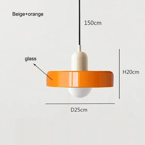 Beige and orange pendant light with measurements on a white background