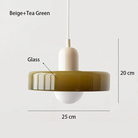 Pendant light with beige and tea green design, labeled 'Glass' and dimensions on a white background.