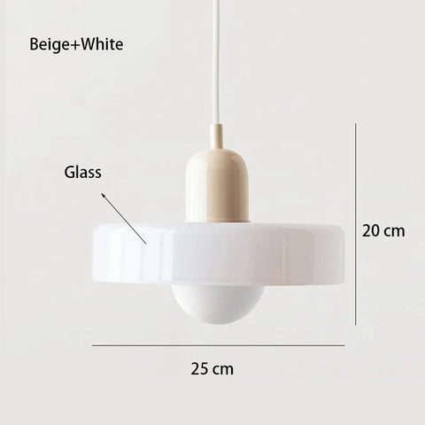Beige and white pendant light with measurements on a light gray background