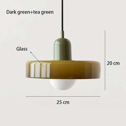 Green pendant light with dimensions and color description on a white background
