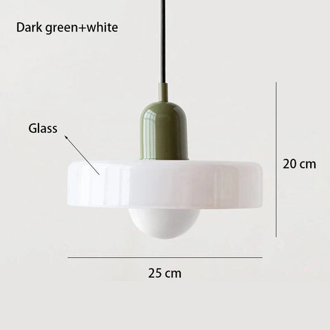 Pendant light with dark green glass and white base, labeled dimensions on a light gray background