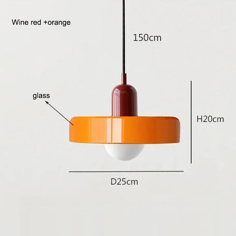 Pendant light with wine red and orange design, showing dimensions on a white background.