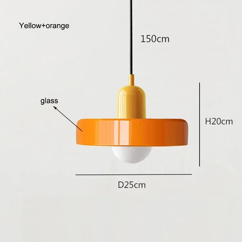 Yellow and orange pendant light with dimensions on a white background