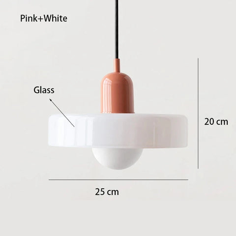 Pendant light with pink and white design, labeled with dimensions on a white background