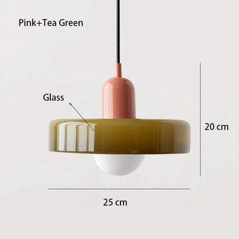 Pendant light with pink and tea green design, labeled 'Pink+Tea Green', showing dimensions on a white background.