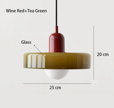Pendant light with wine red and tea green design, labeled dimensions on a white background