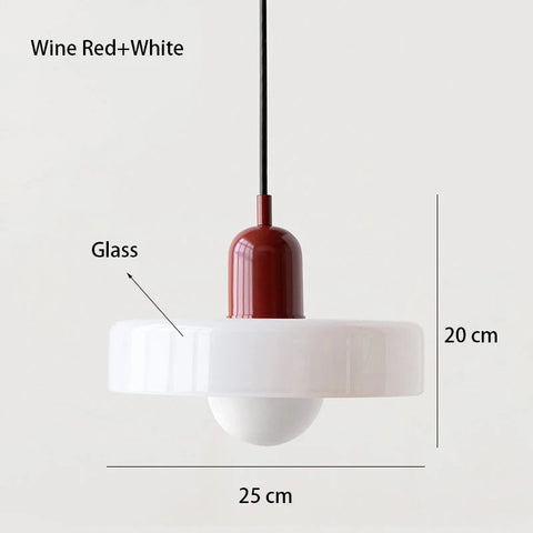 Pendant light with wine red and white design, labeled dimensions on a white background