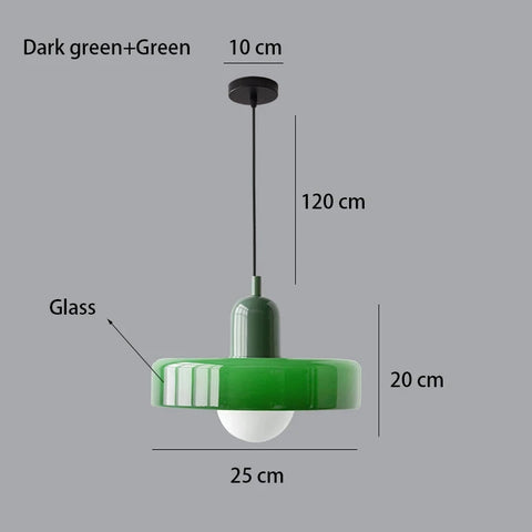 Green pendant light with measurements on a gray background