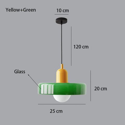 Pendant light with dimensions labeled on a gray background