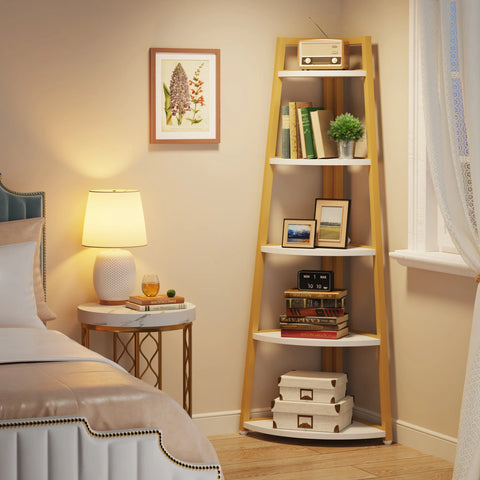 Corner bookcase, freestanding wooden corner shelf unit