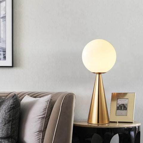 The Cone table lamp, modern cone lamp with a frosted glass sphere in gold or black