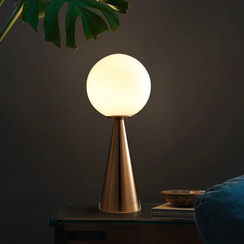 The Cone table lamp, modern cone lamp with a frosted glass sphere in gold or black