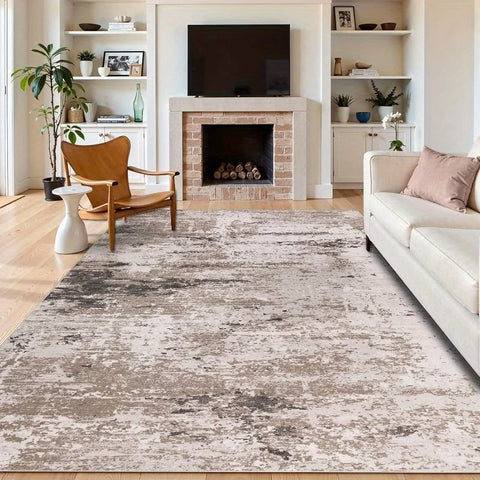 Brown abstract washable rug with an armchair and fireplace