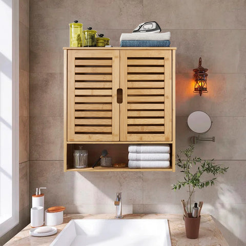 Bamboo louvred wall cabinet mounted in a bathroom