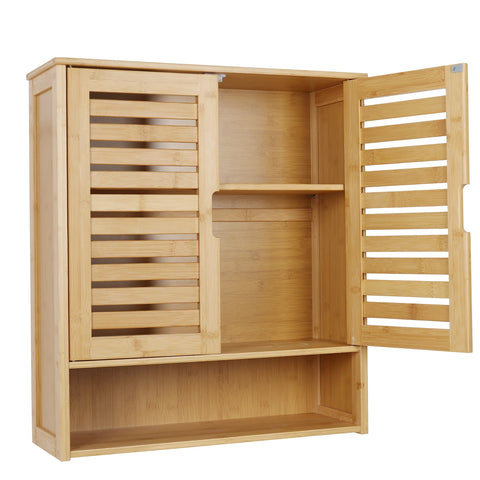 Bamboo wall cabinet with the doors open, showing two shelves