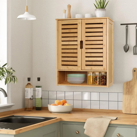 Bamboo wall cabinet above a kitchen counter