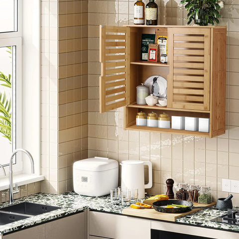 Bamboo wall cabinet used for storage in a kitchen