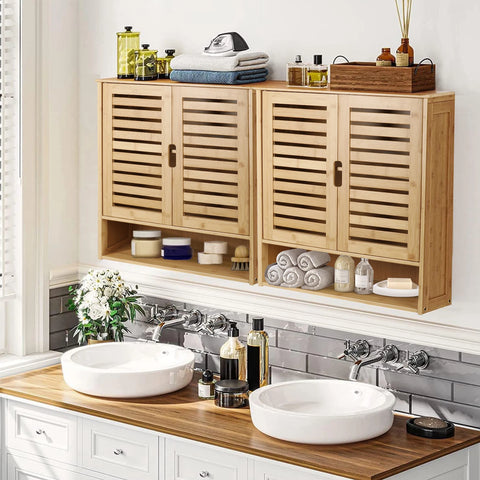 Two bamboo wall cabinets above twin basins