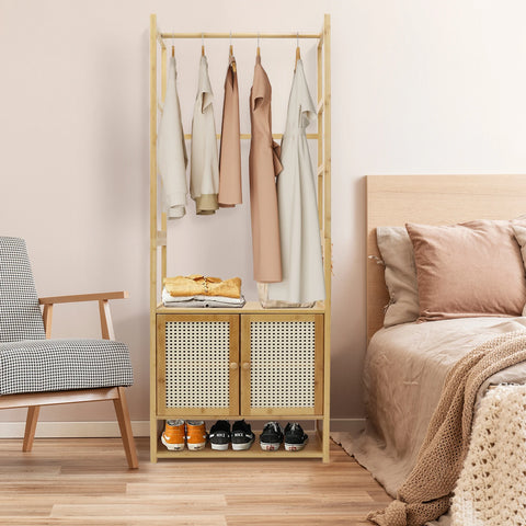 Bamboo clothes stand with cabinet in a bedroom