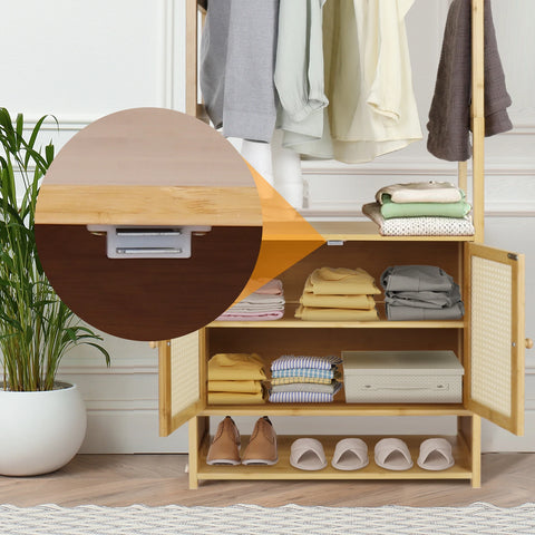 Bamboo clothes stand cabinet holding shoes and folded clothes