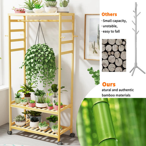 Bamboo rolling clothes rail on castors, shown from the side