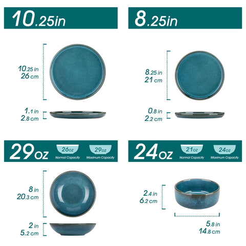Blue reactive glaze dinner set dimensions — 10 in plate, 8.25 in plate, 29 oz and 24 oz bowls