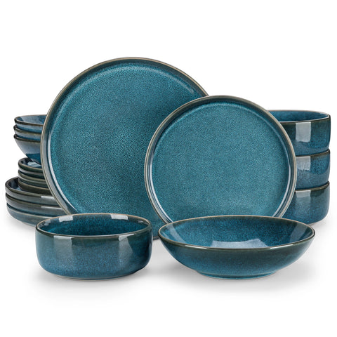 Blue reactive glaze dinner set, teal plates and bowls stacked