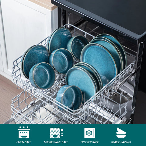 Blue reactive glaze dinner set loaded into a dishwasher, with care icons