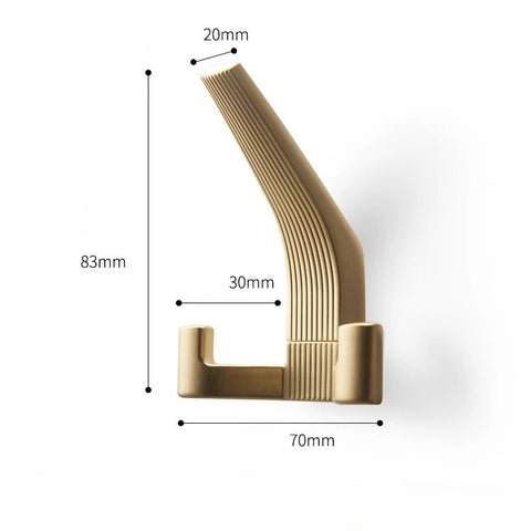 Brushed brass wall hook — 83 mm tall, 70 mm deep, 30 mm wide