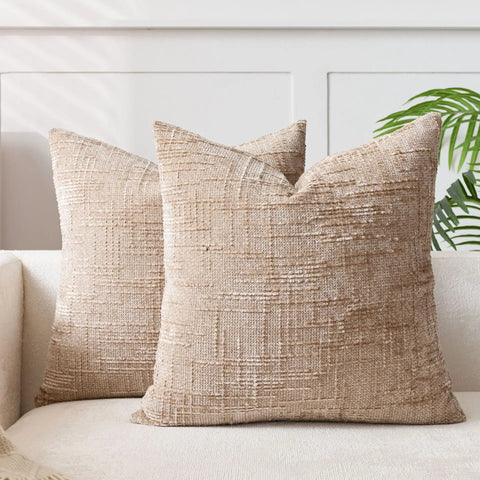 Camel chenille cushion cover on a sofa