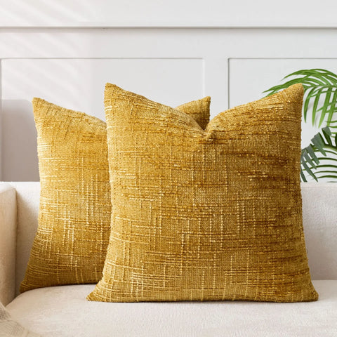 Mustard chenille cushion cover, close view of the textured weave
