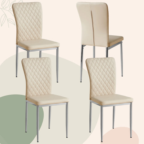 Four beige dining chairs with chrome legs