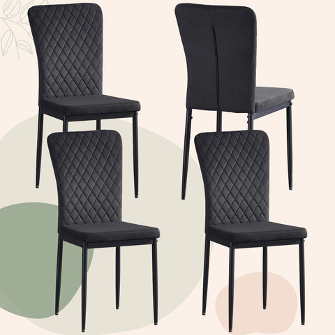 Four black dining chairs with black legs