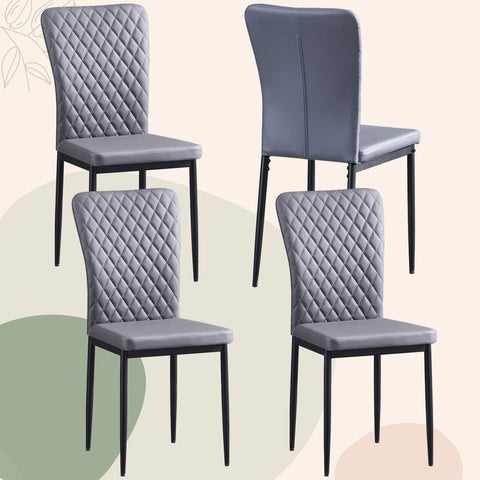 Four blue-grey dining chairs with chrome legs
