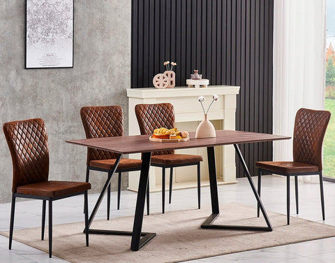 Brown chrome leg dining chairs around a wooden dining table