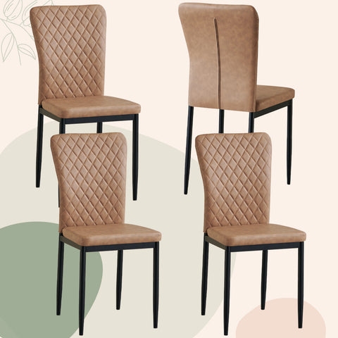 Four brown dining chairs with black legs
