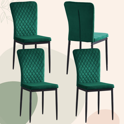 Four green velvet dining chairs with chrome legs