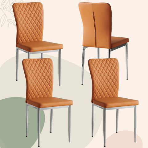 Four orange dining chairs with chrome legs