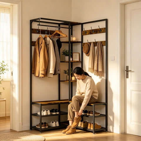 Assembling the coat stand with shoe bench