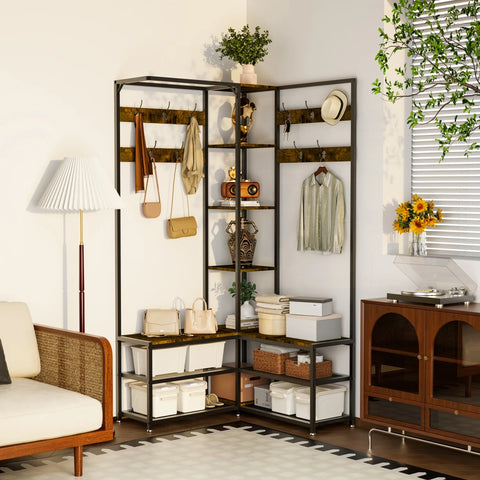Corner coat stand with shoe bench in rustic brown