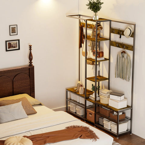 Coat stand with shoe bench and hanging rail in a bedroom