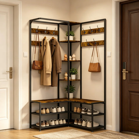 Coat stand with shoe bench in rustic brown, hung with coats and bags