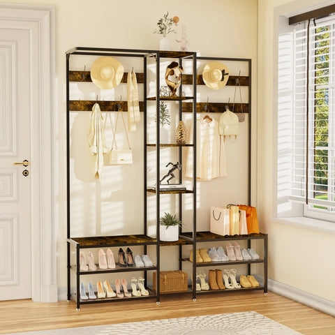 Hall tree coat stand with a shoe bench and upper shelf