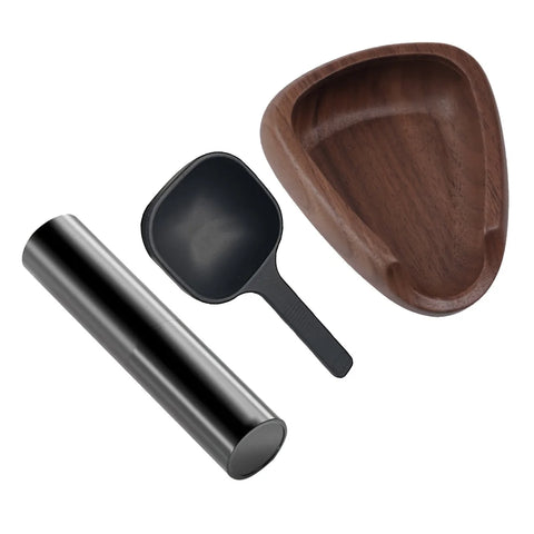 Coffee scoop tray in black walnut with the dosing cup and tamper