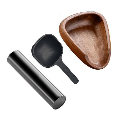 Coffee scoop tray in sapele with the dosing cup and tamper