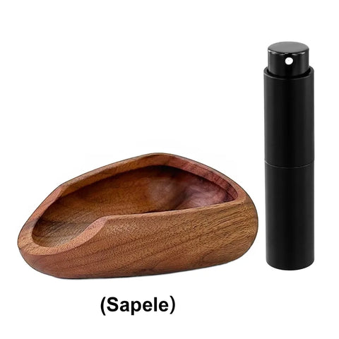 Coffee scoop tray in sapele with a black dosing cup