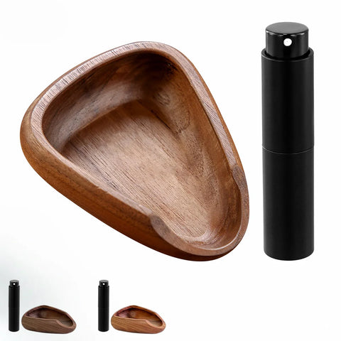 Wooden coffee scoop tray with a black dosing cup