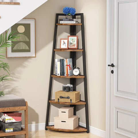 Corner ladder bookcase holding books in a hallway