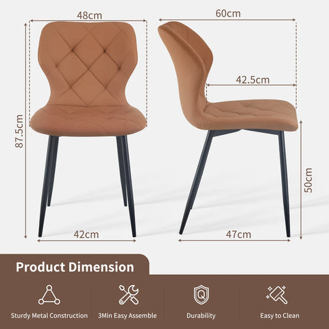 Curved back dining chair dimensions — 48 cm wide, 60 cm deep, 87.5 cm high, 50 cm seat