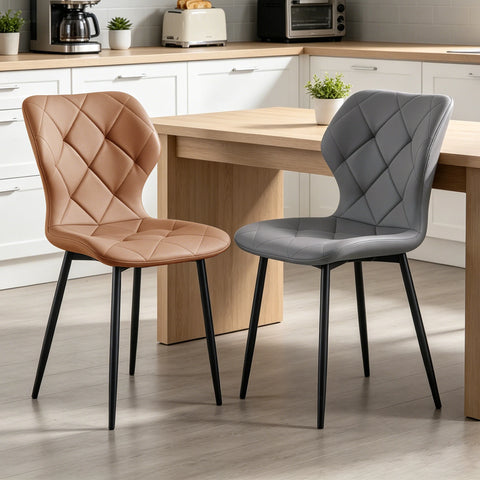 Curved back dining chairs in coffee and grey at a wooden kitchen table